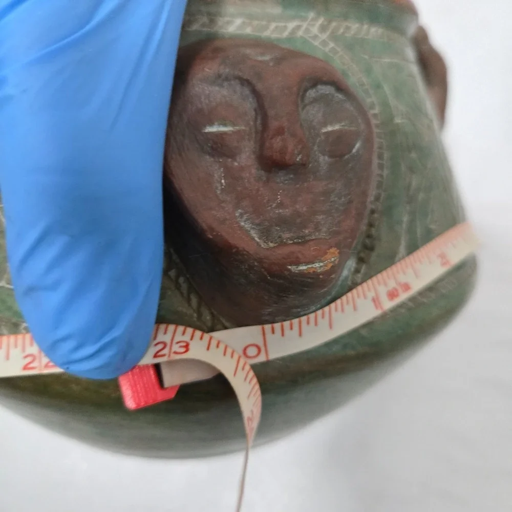 ART SOUZA PARA Brazilian Folk Art Pottery Face Vessel Green Signed 5